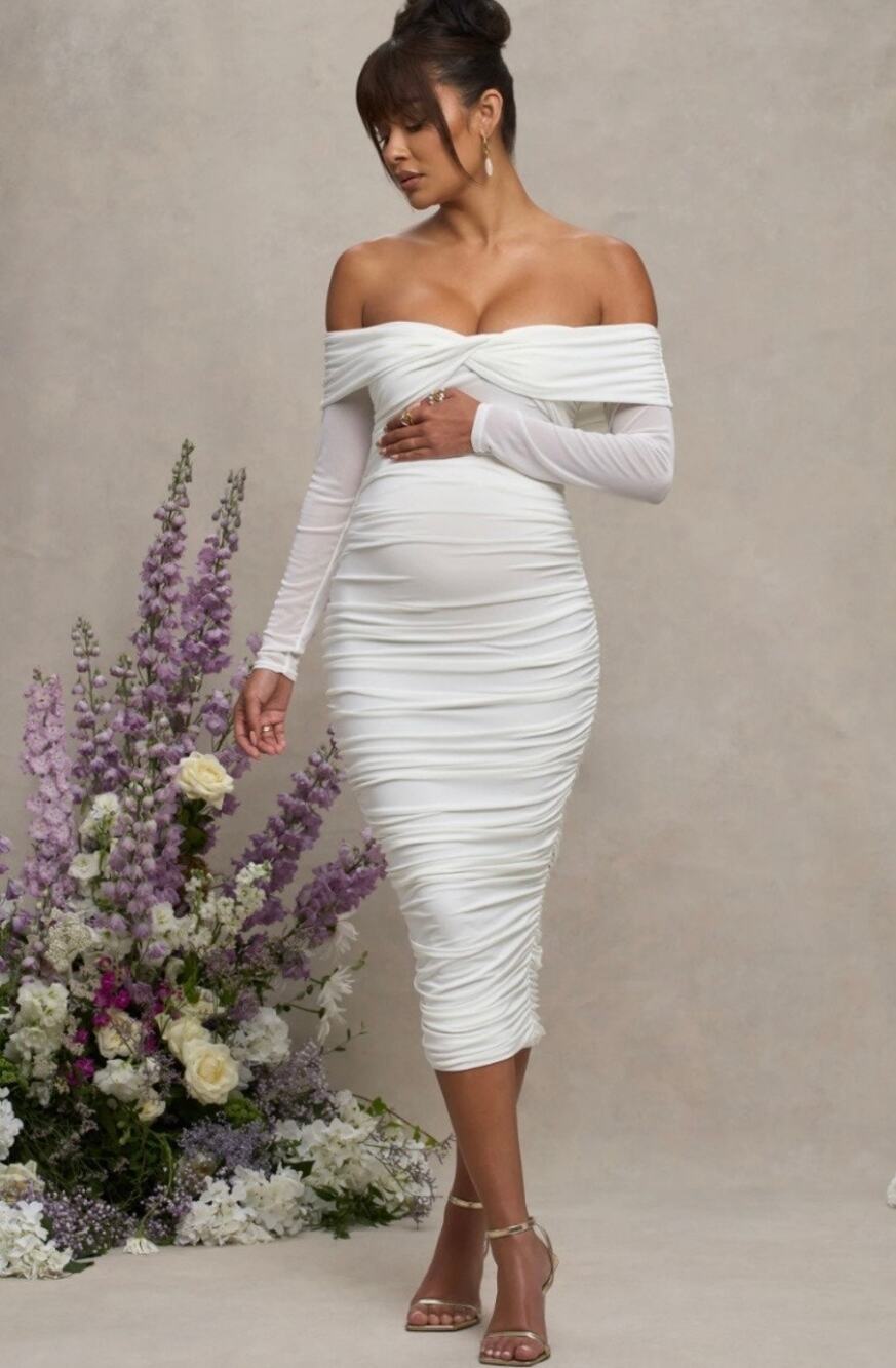 Club L London Dress Size US 8 White Bardot Twist Midi Ruched NWT Baby Shower